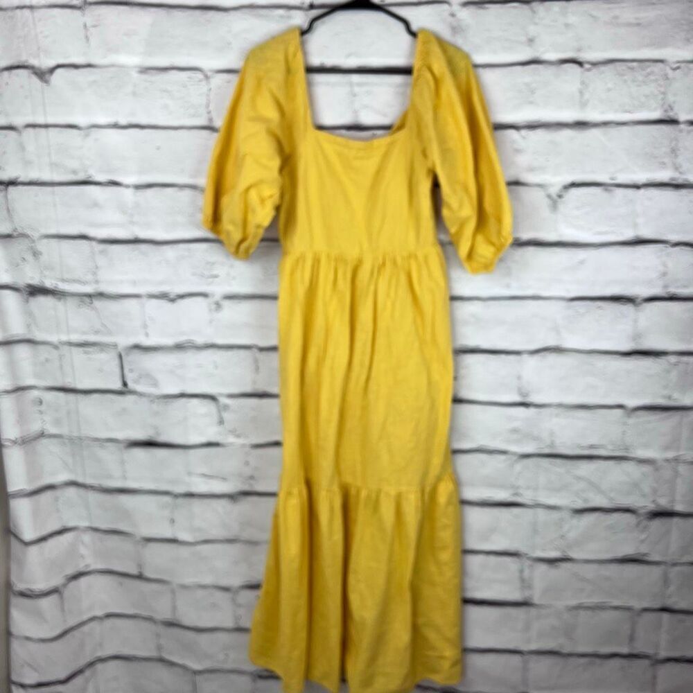 Billabong Yellow Cotton Puff Sleeve Tiered Midi Dress Size L Boho Cottagecore - Picture 2 of 11